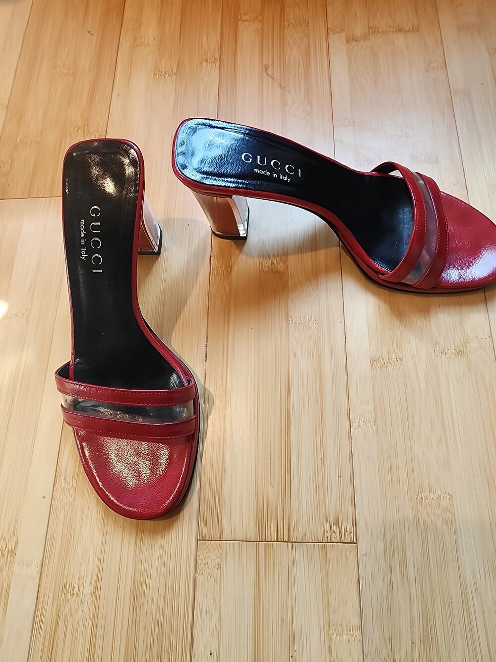 Gucci Red Leather Slide Heels 3.5 In Heel  Clear Chunk Sz 6